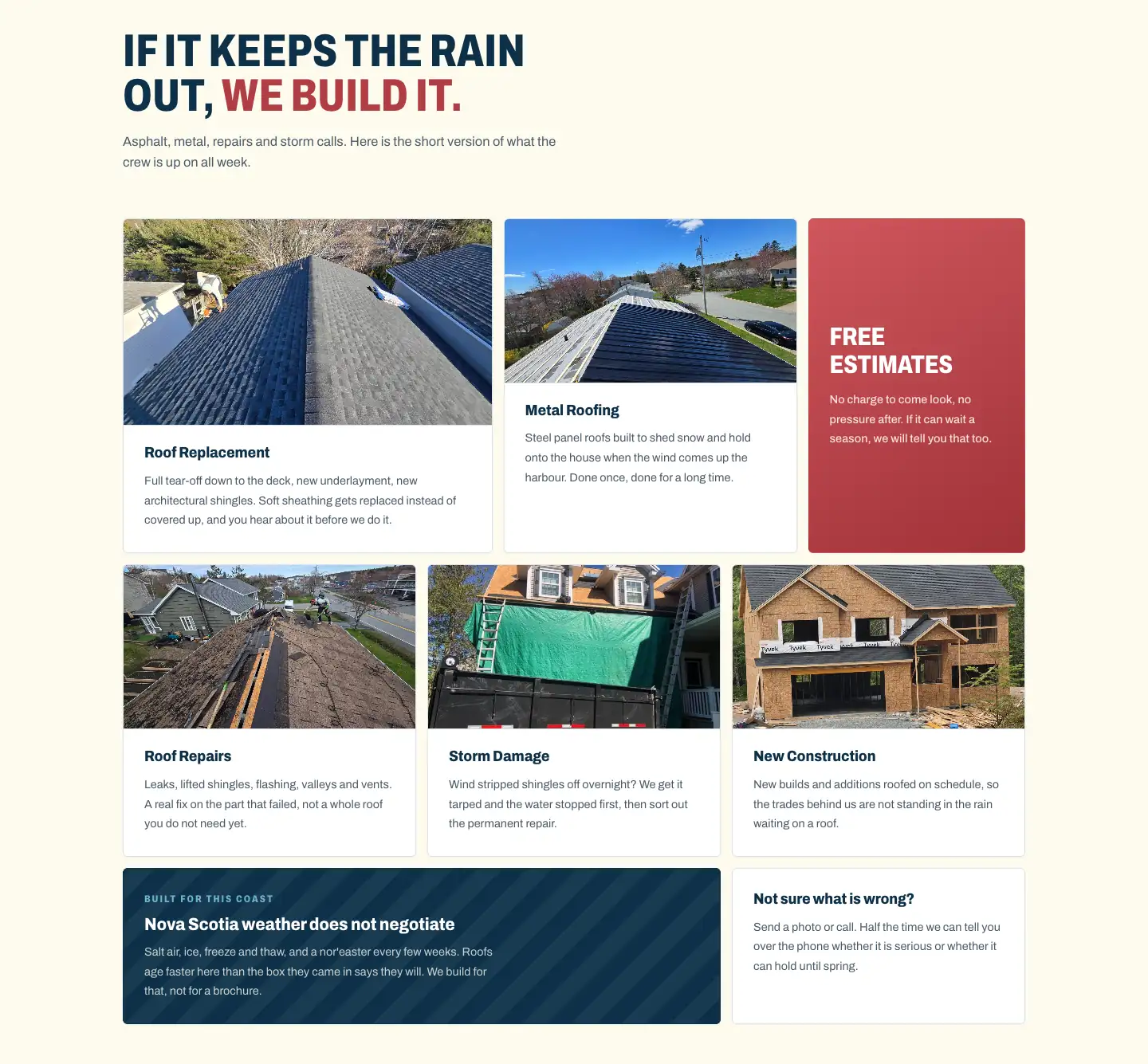 Northline Roofing services grid with roof replacement, metal, repairs, storm damage and new construction