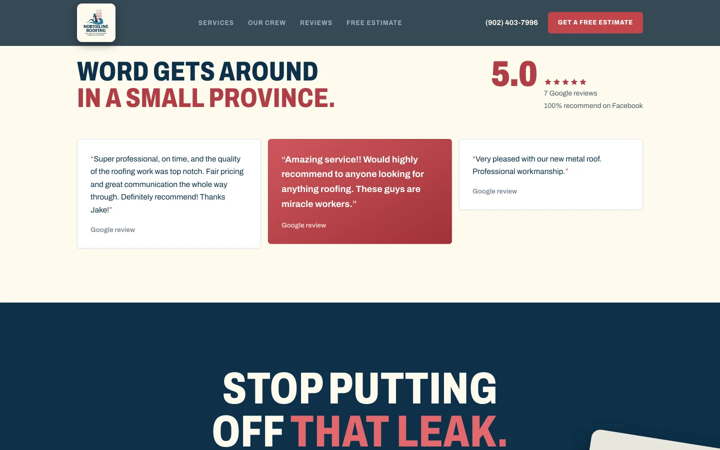 Northline Roofing: 'Word gets around in a small province' customer reviews section.