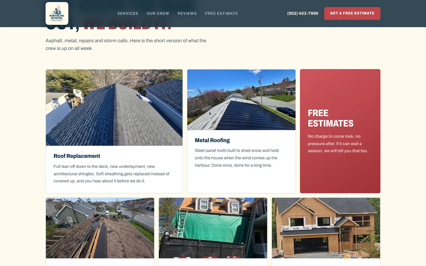 Northline services showcasing Roof Replacement, Metal Roofing with project photos.