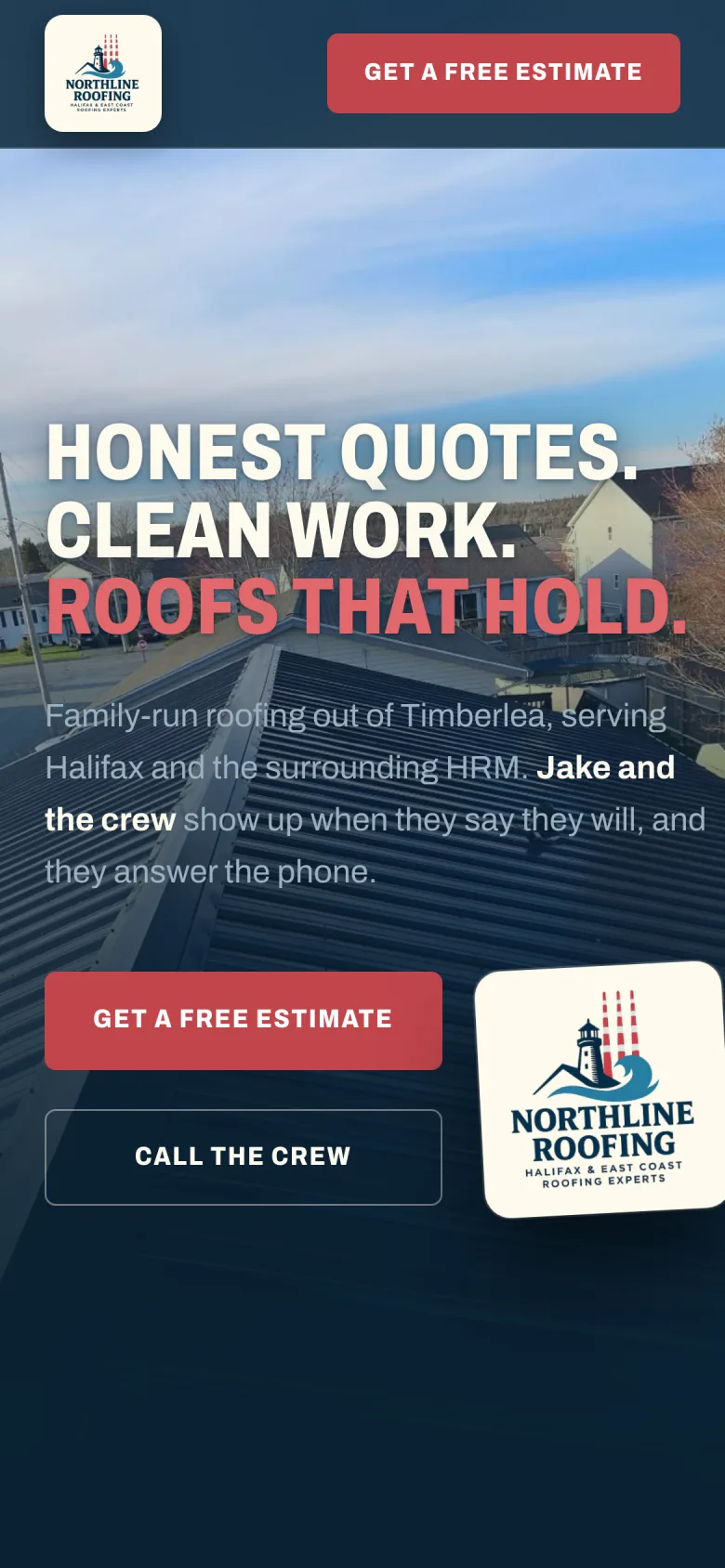 Northline Roofing mobile hero with company logo and headline over roof image.