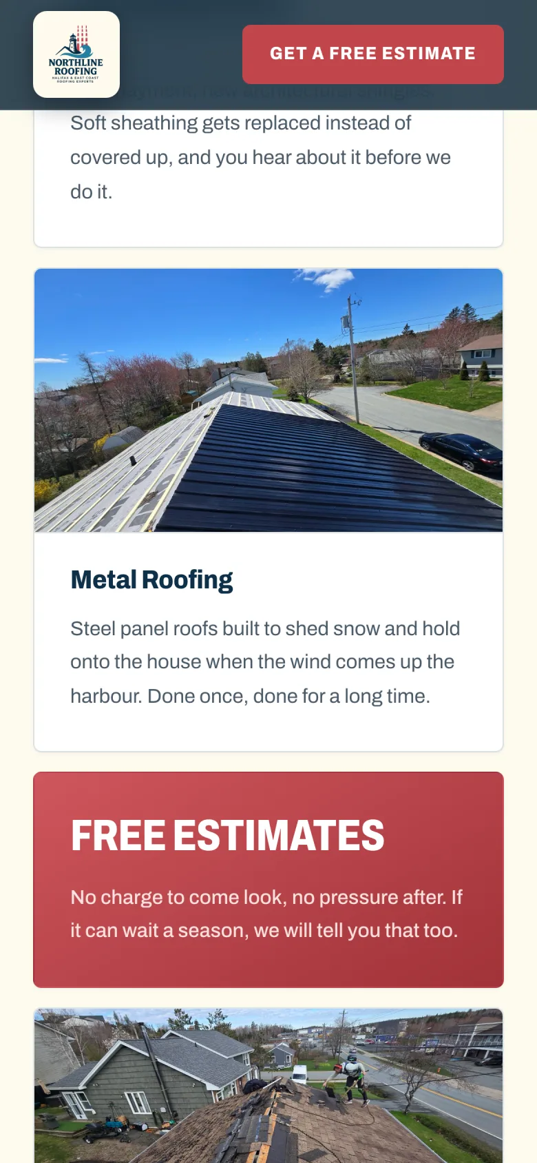 Northline Roofing mobile Metal Roofing service details section.