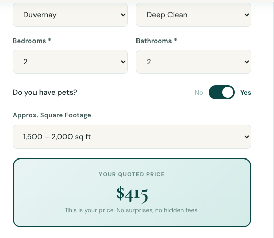 NetWow instant quote calculator showing $415 for a deep clean