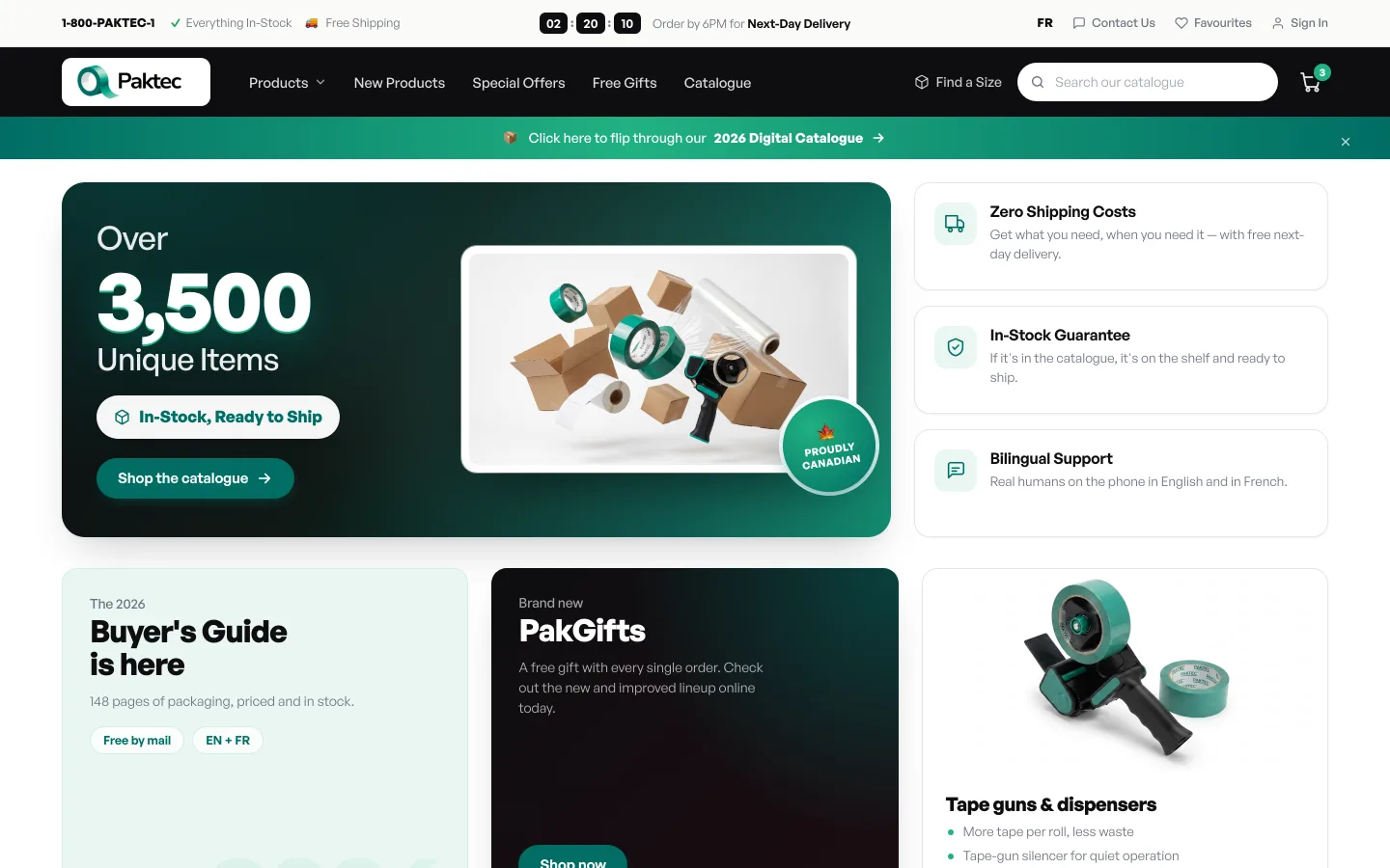 Paktec homepage: a dark green card counting three and a half thousand in-stock packaging items, beside the buyer's guide and tape gun listings