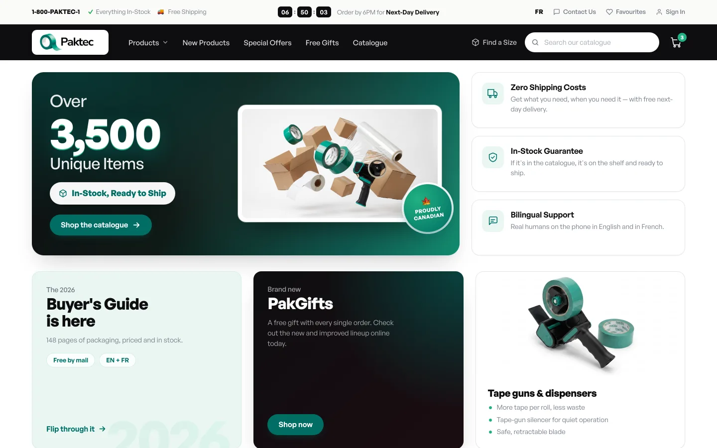 Paktec: 'Over 3,500 Unique Items' with packaging supplies and in-stock ready badge.
