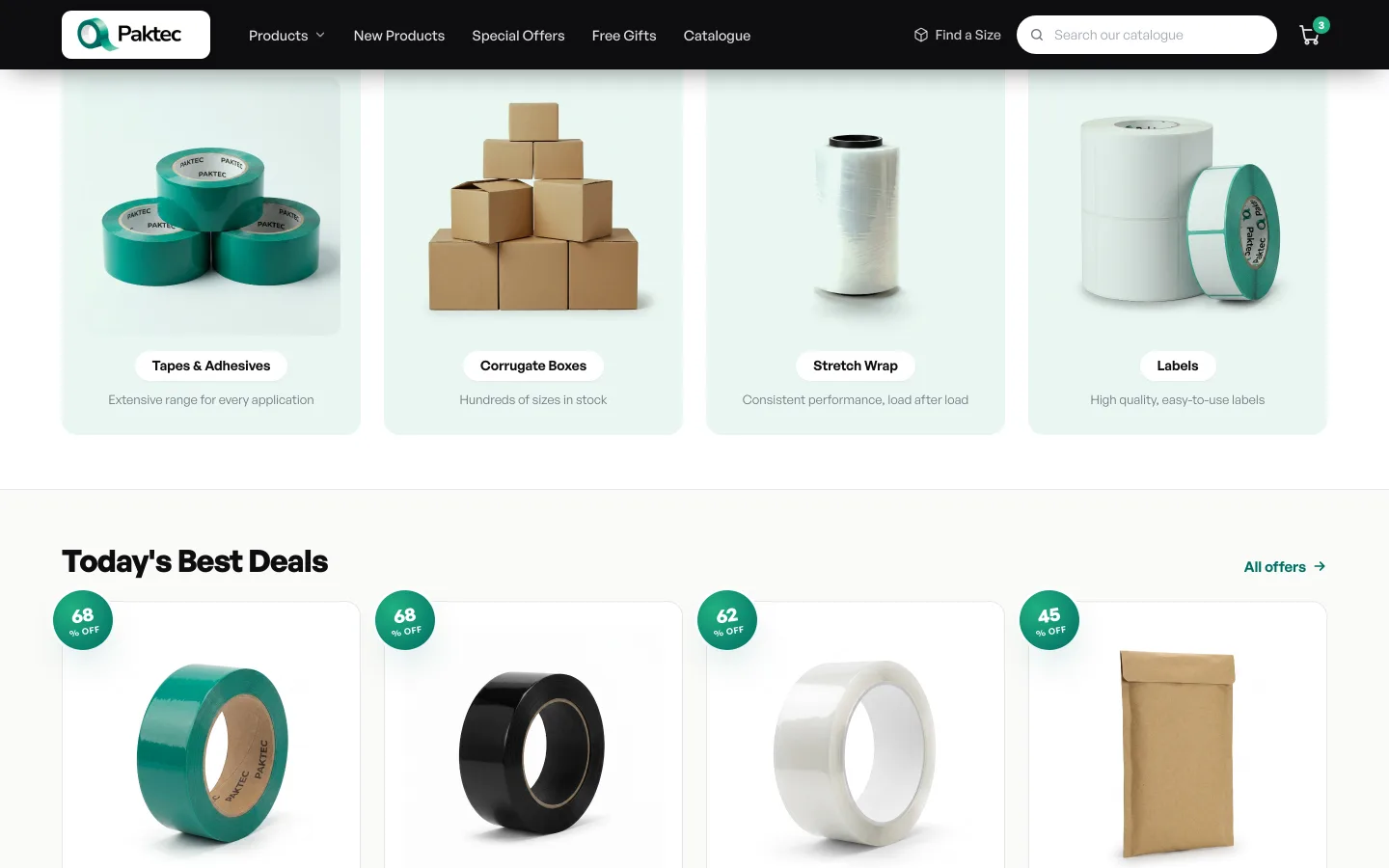 Paktec product categories: Tapes, Corrugated Boxes, Stretch Wrap, Labels.