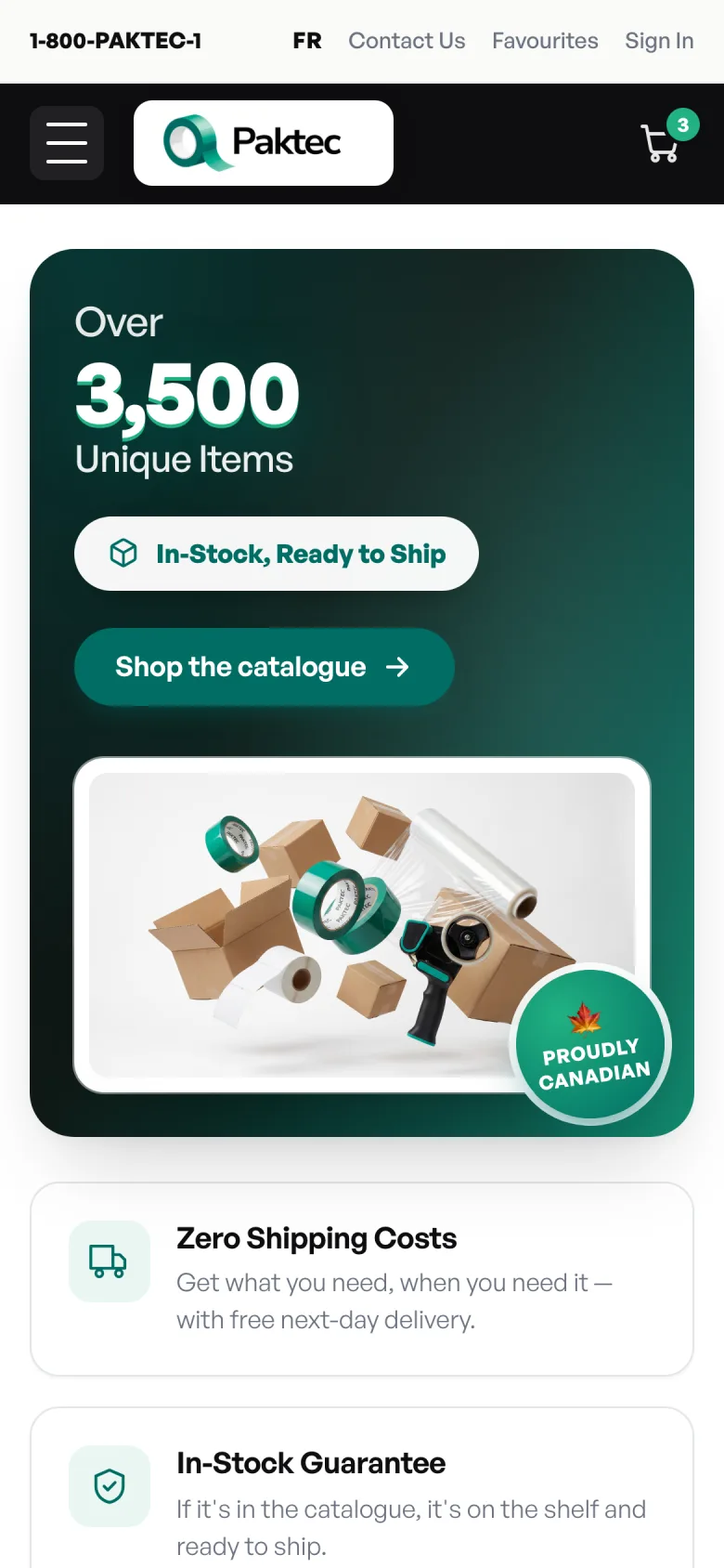 Paktec mobile hero with '3,500 Unique Items' and shop catalog button.