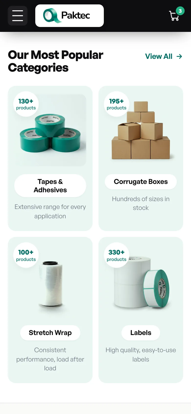Paktec mobile product category cards for packaging supplies.