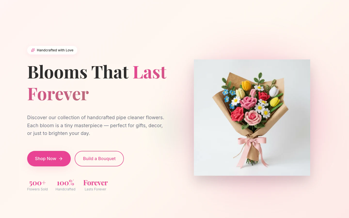 RoRoses homepage: a bouquet of handcrafted paper flowers beside the headline about blooms that last forever, with the shop button