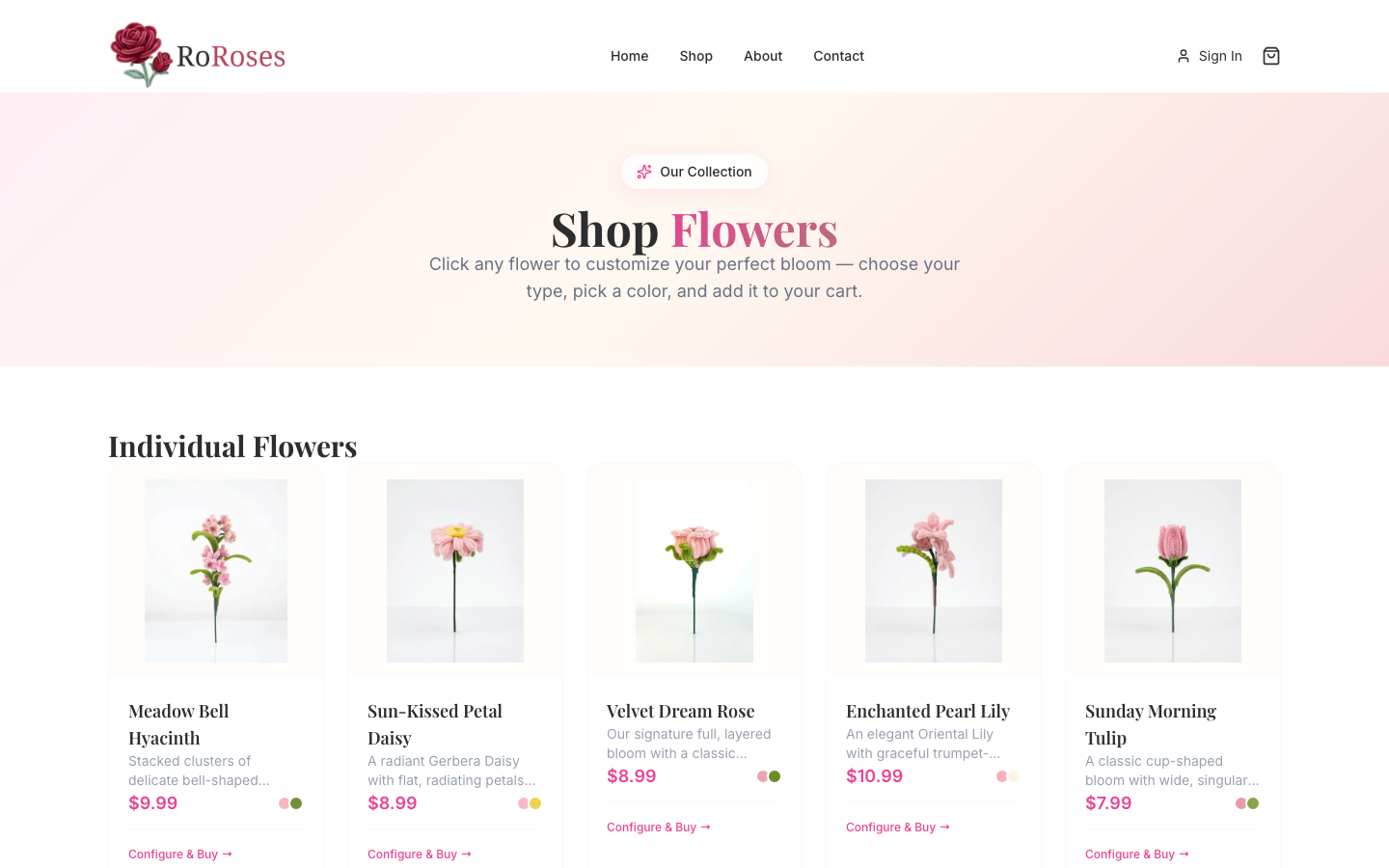 RoRoses shop grid with individual flowers and curated bouquets