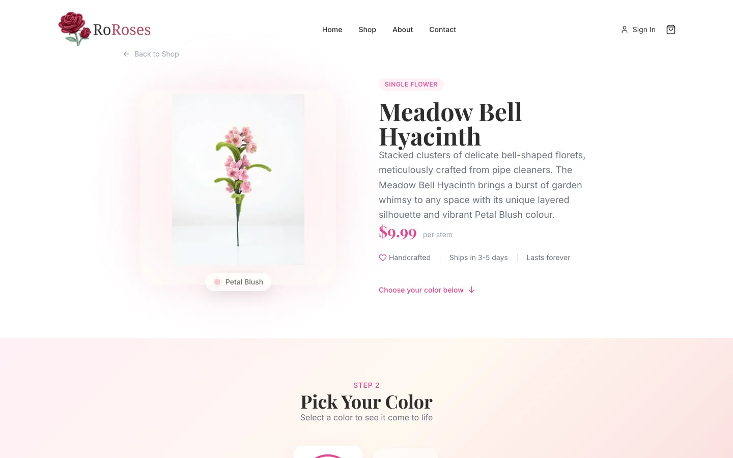 RoRoses product detail for Meadow Bell Hyacinth with 'Pick Your Color' step.