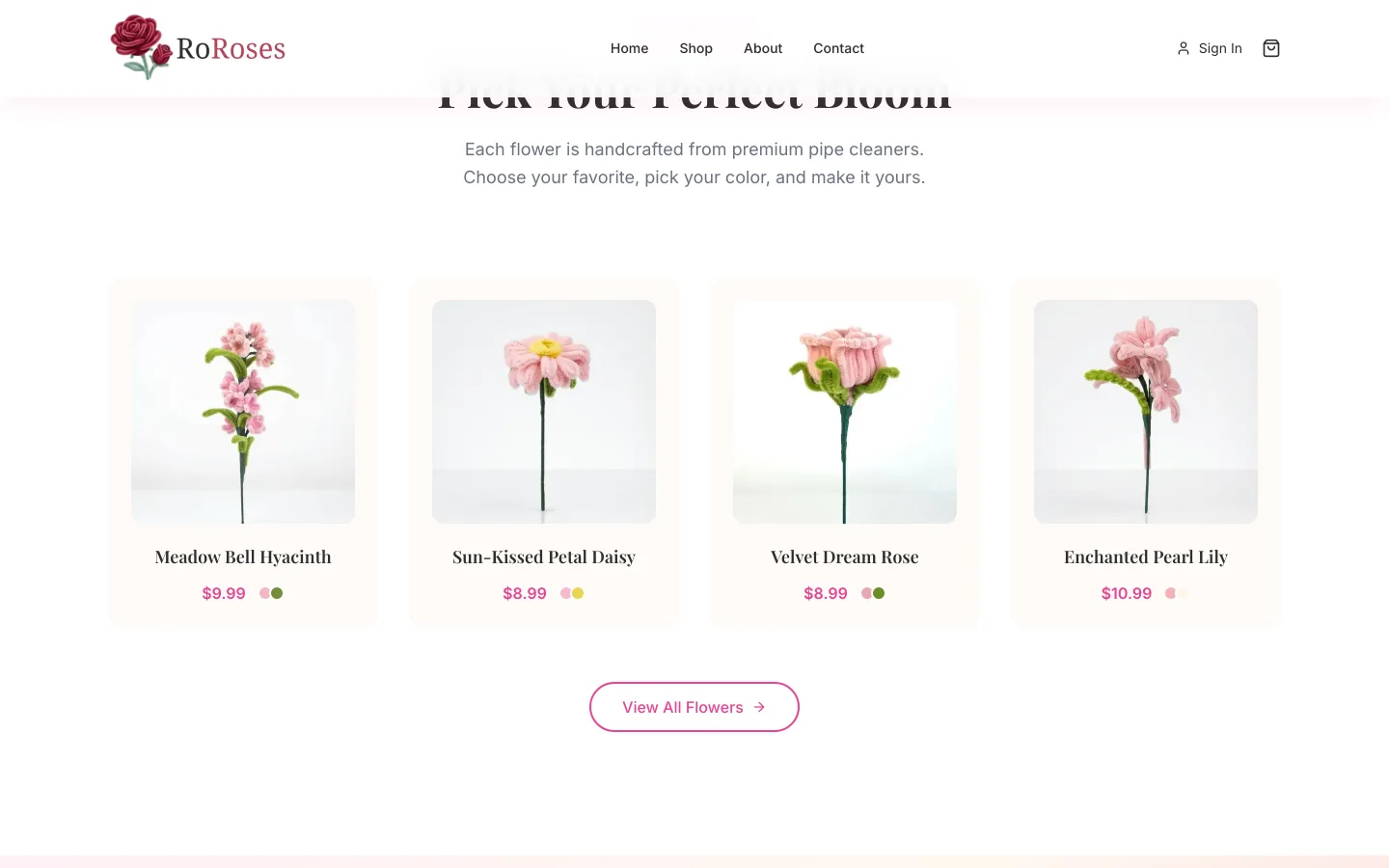 RoRoses product grid: Meadow Bell Hyacinth, Sun-Kissed Petal Daisy with pricing.