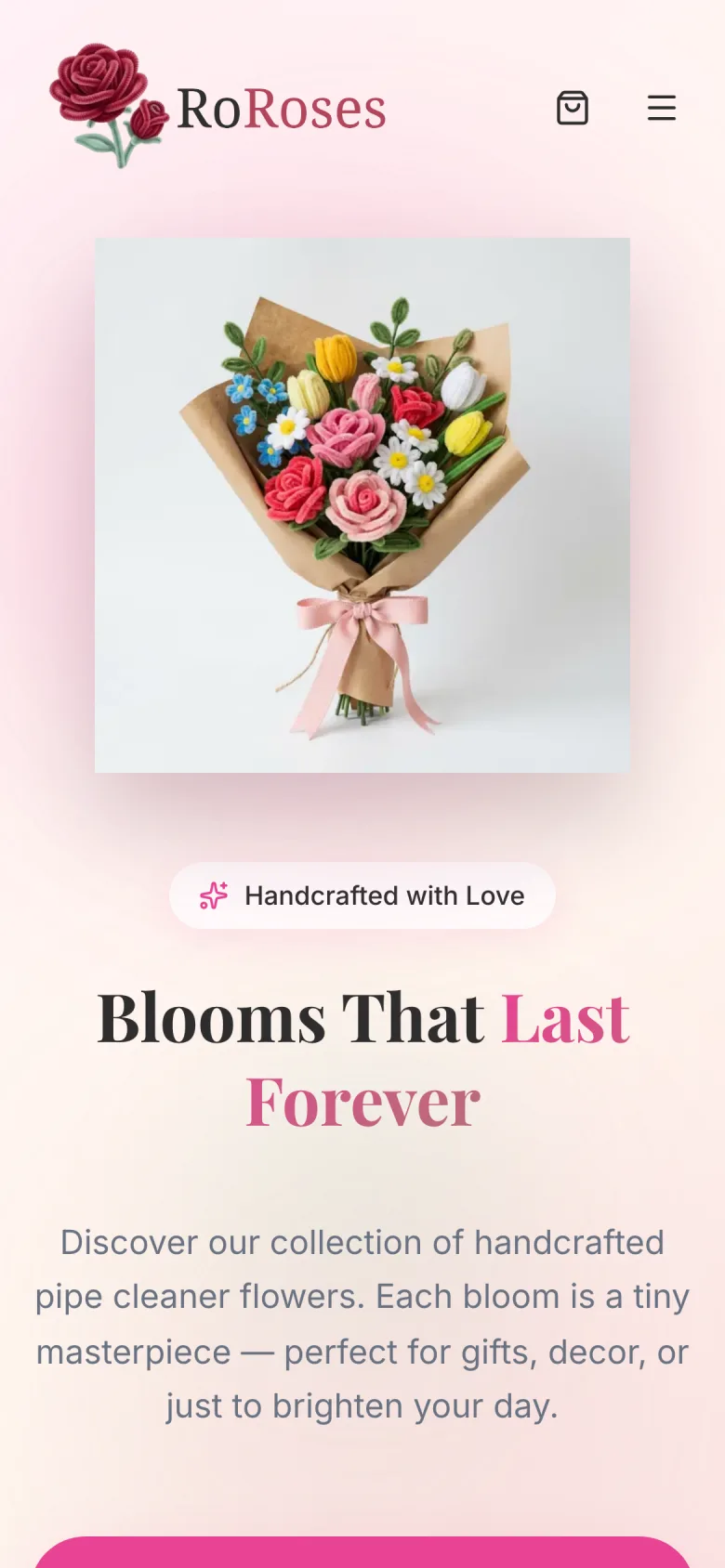 RoRoses mobile hero with 'Blooms That Last Forever' headline and bouquet.